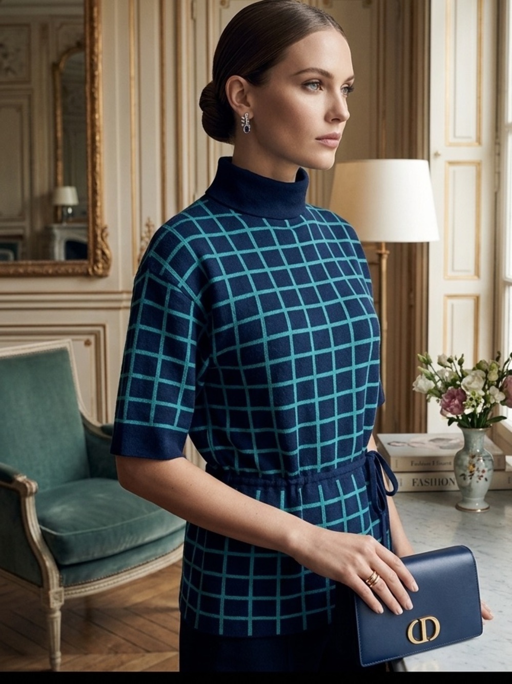 Vintage Christian Dior Paris Teal & Navy Blue Grid Print Knitted Top fits L/XL